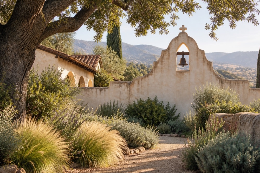 Adobe walls, a bell opening and a shaded garden beneath a mature oak