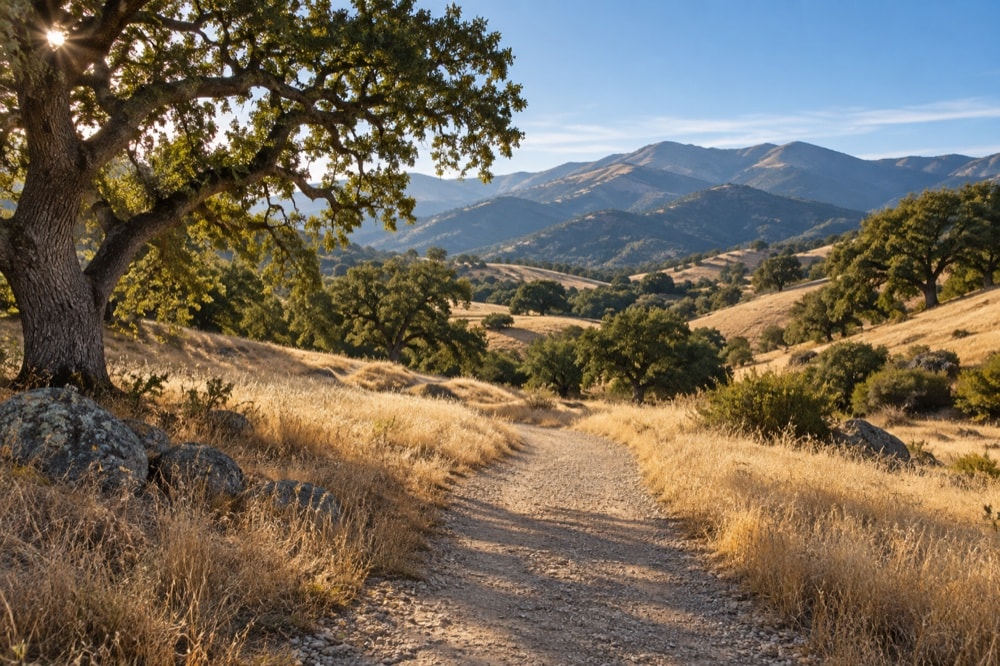 A gravel trail winding through golden grass, oak trees and valley hills
