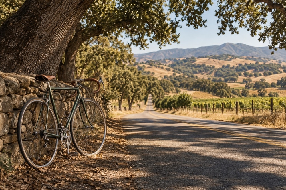 A road bicycle resting beside an oak-lined country road