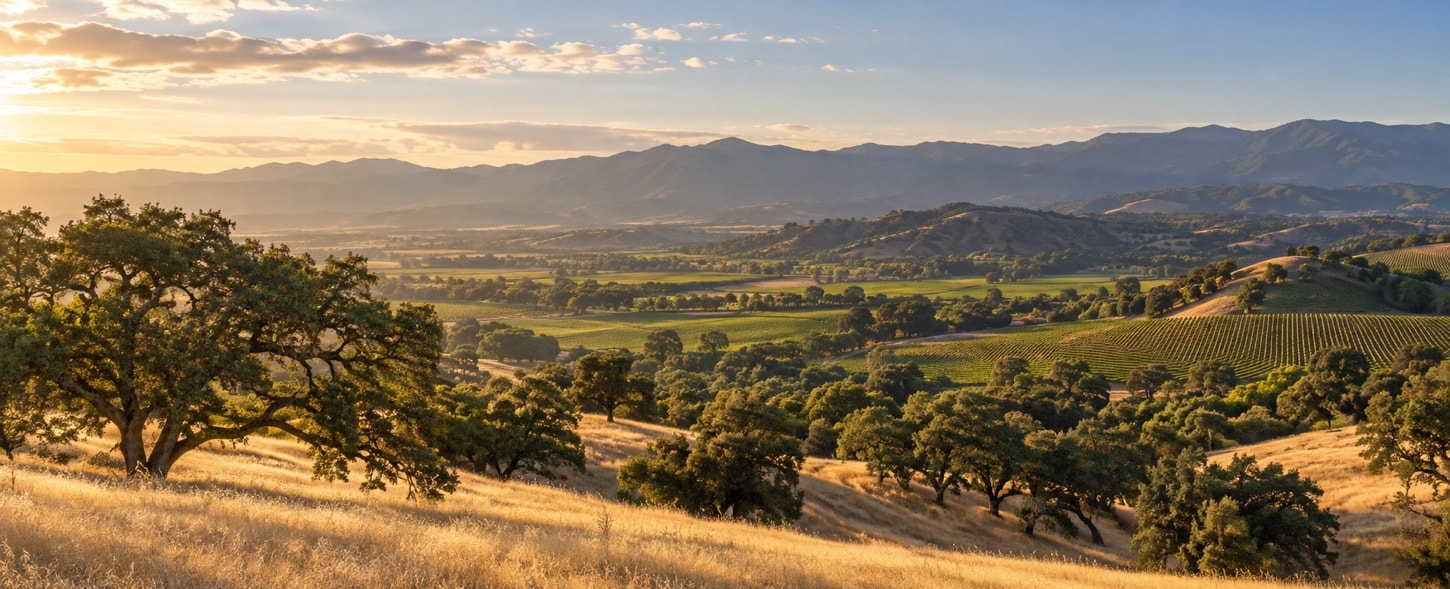 Late-afternoon light over vineyards, oak hills and the Santa Ynez Valley