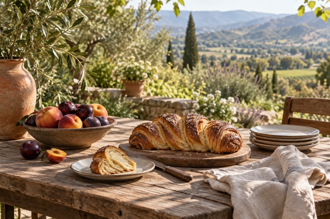 Fresh fruit, braided pastry and ceramic plates on a rustic outdoor table