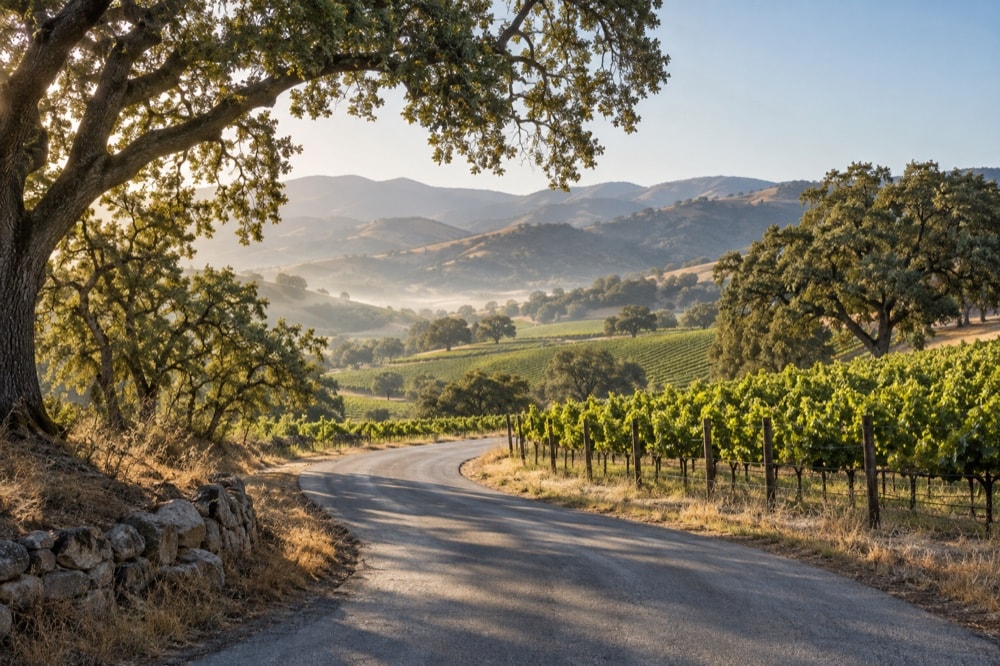 A quiet road passing oak trees and vineyard rows in the Santa Ynez Valley